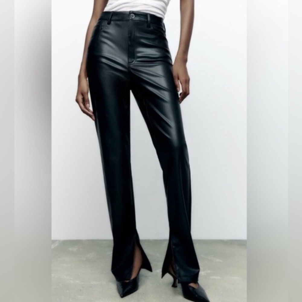 Zara Faux Leather Straight Leg Trousers‎ Black Inside Slit Size 6